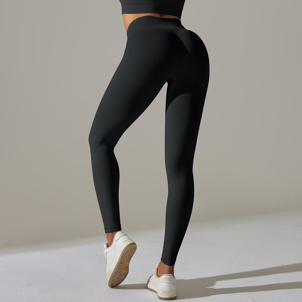 Women's seamless solid color Knitted High Waist Striped Leggings Hip Lifting