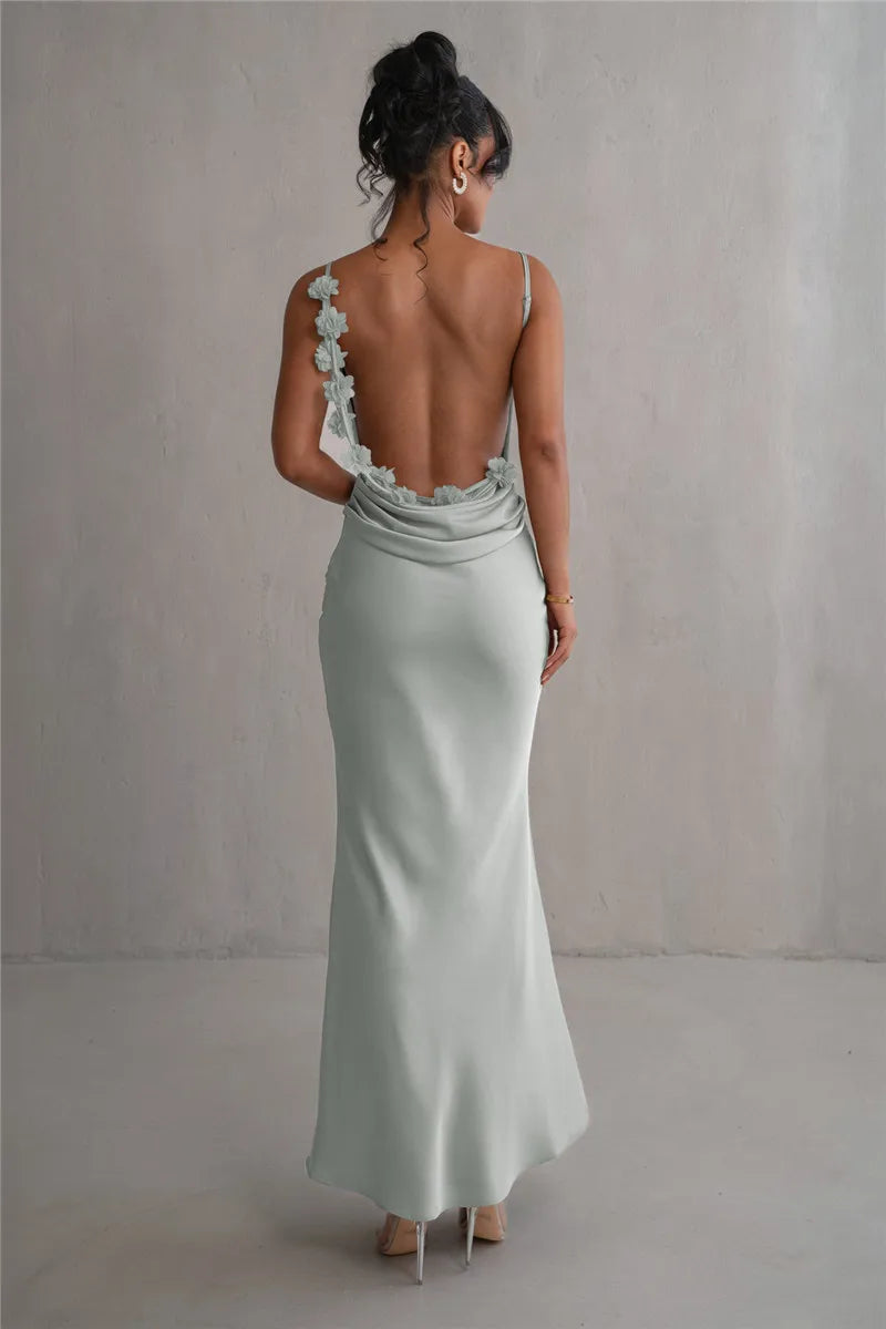 Floral Draped Backless Maxi Long Dress Spaghetti Strap Evening Dress