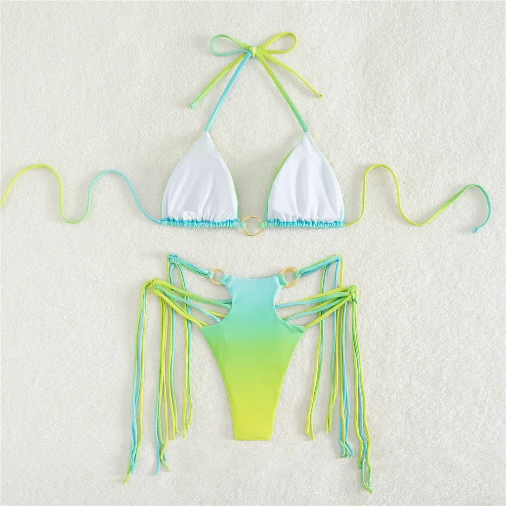 Gradient Tie Dye Print Micro Thong Bikinis Set