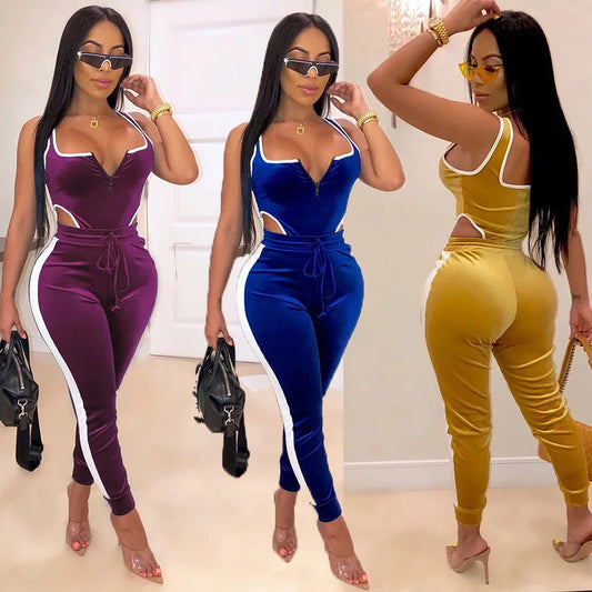 Bodycon 2pcs Set, Sleeveless Cut Out Bodysuit & High Waist