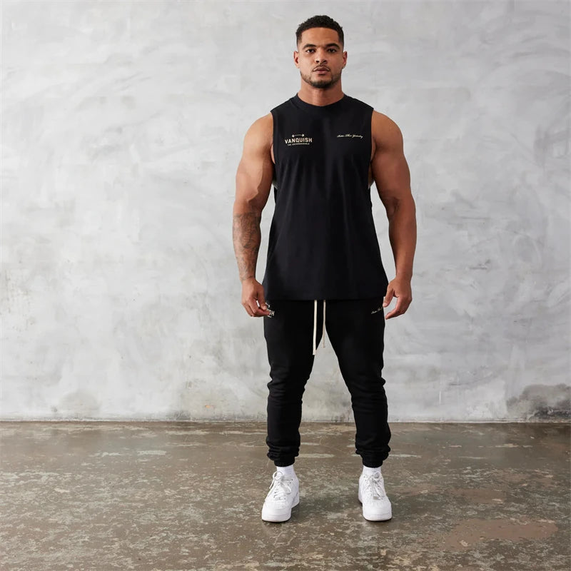 Men's vest cotton wide shoulder round neck sleeveless shirt