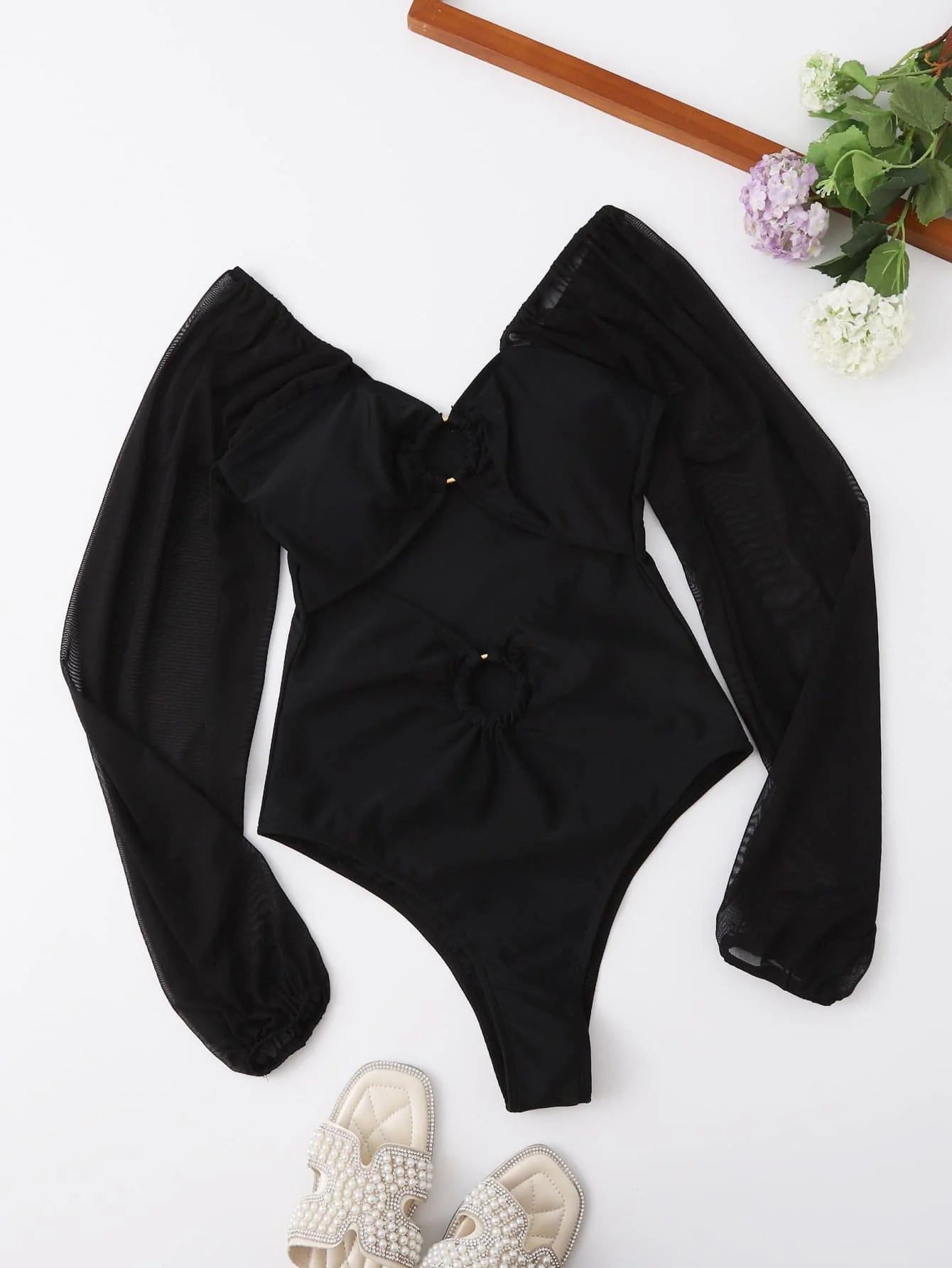 Black Swimsuit One Piece Solid Long Sleeve