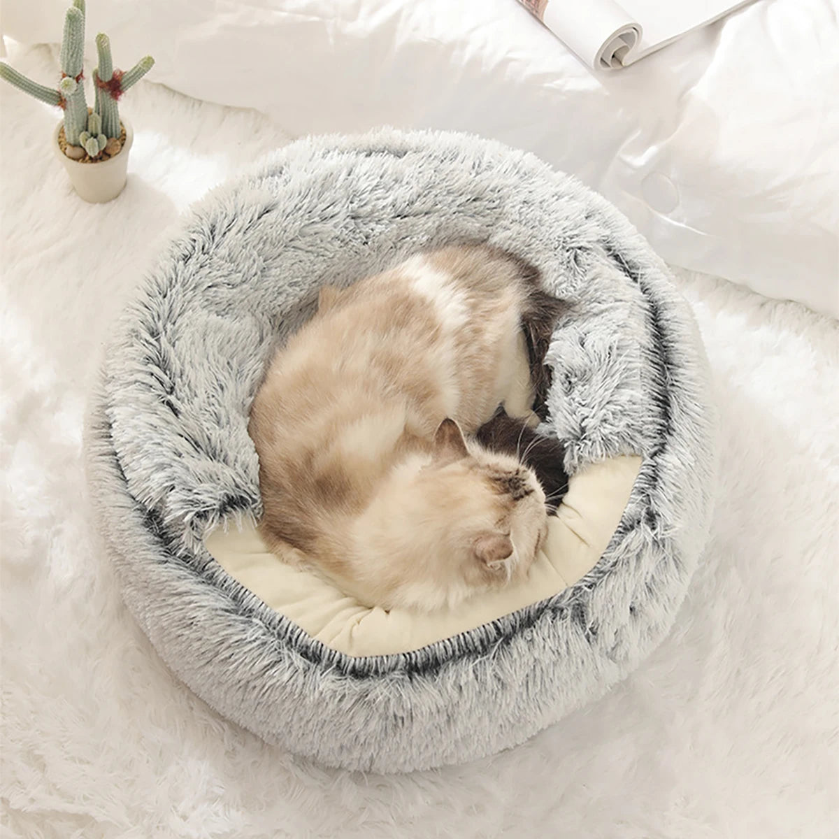 Animal Bed Round Plush Fluffy hooded