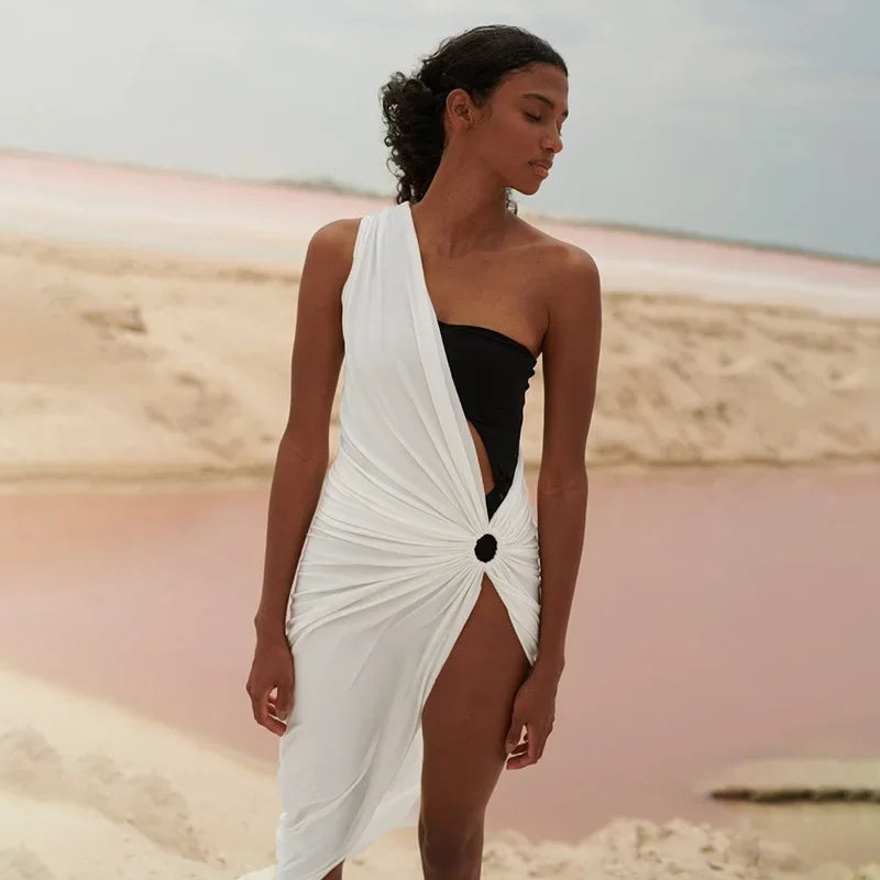 One-shoulder Asymmetric Black White Beach Dress