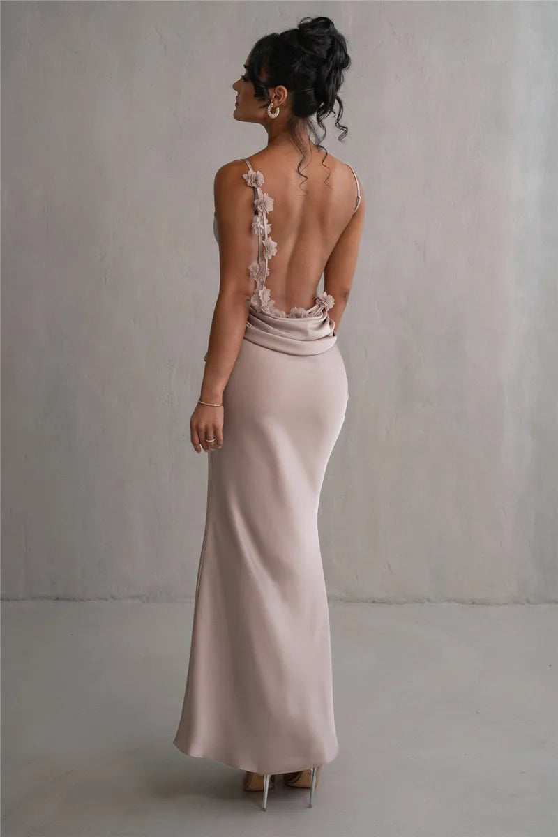 Floral Draped Backless Maxi Long Dress Spaghetti Strap Evening Dress