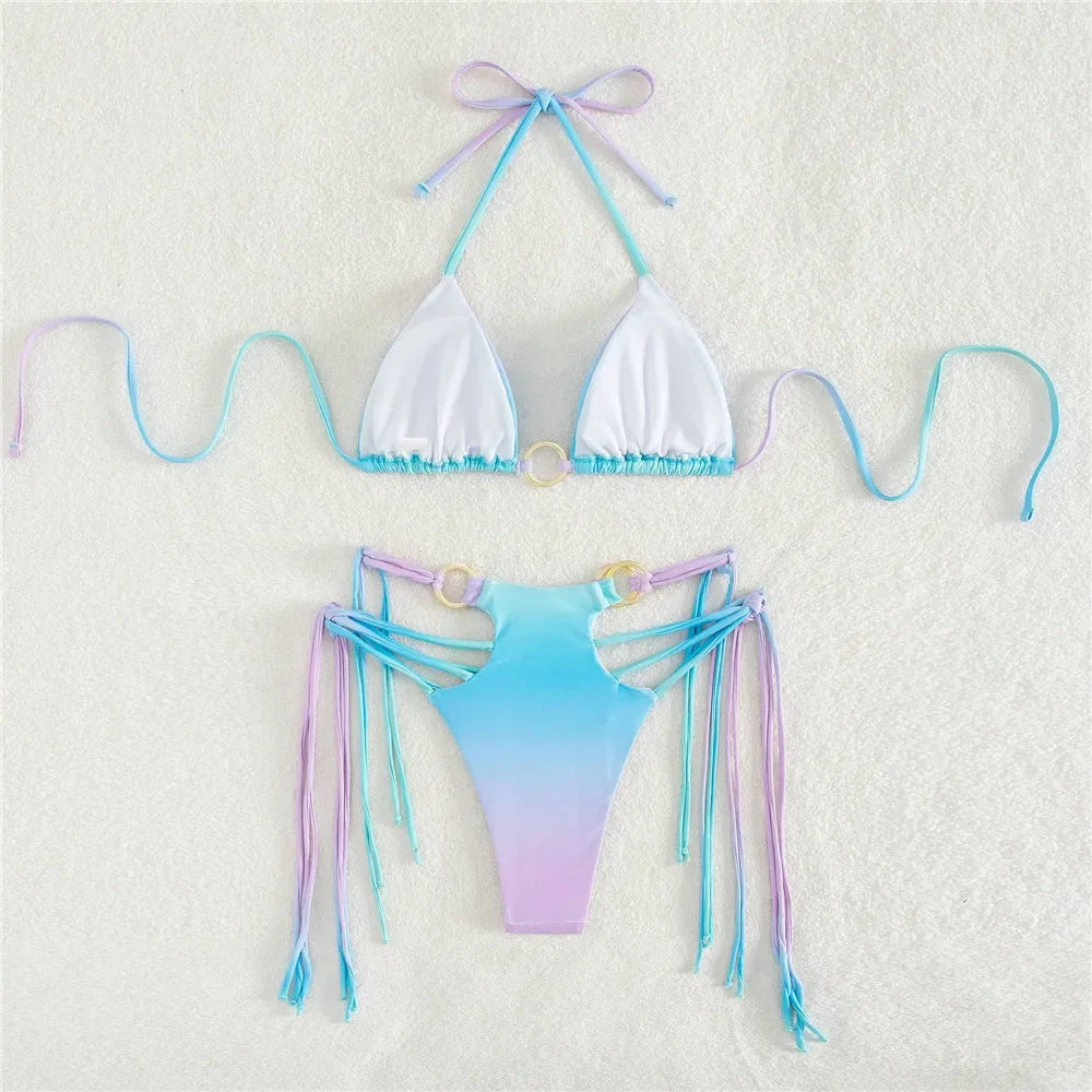 Gradient Tie Dye Print Micro Thong Bikinis Set