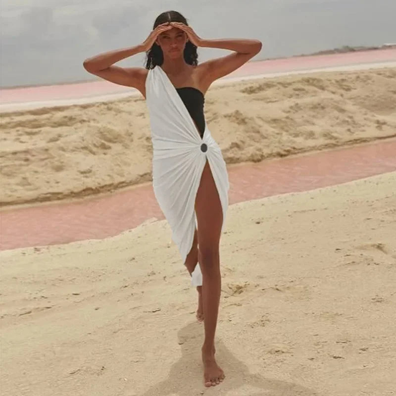 One-shoulder Asymmetric Black White Beach Dress