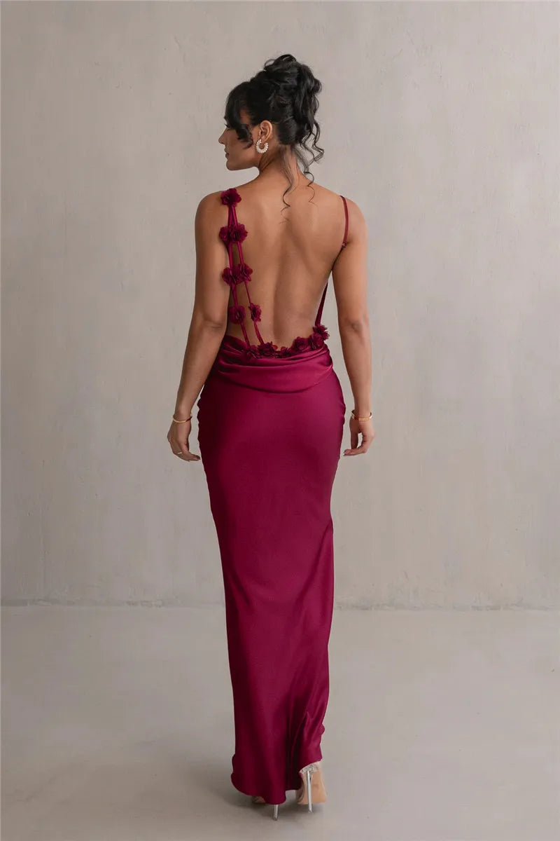 Floral Draped Backless Maxi Long Dress Spaghetti Strap Evening Dress