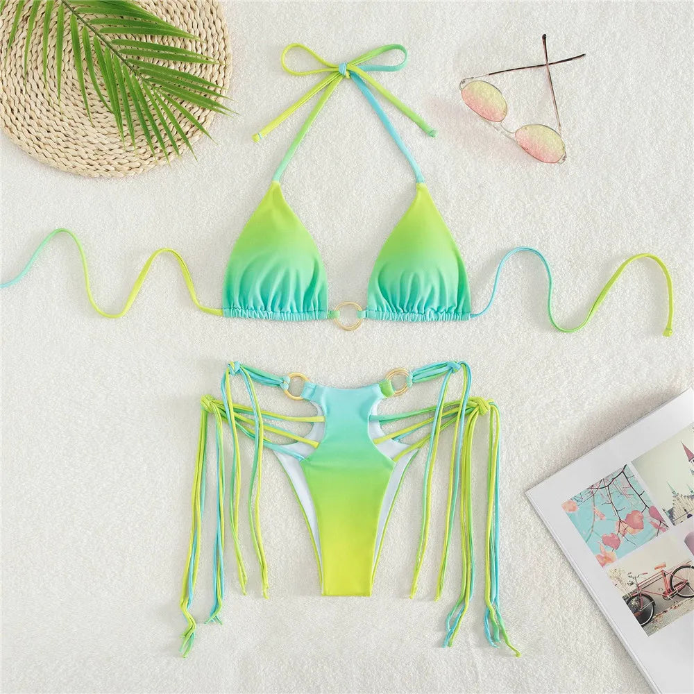 Gradient Tie Dye Print Micro Thong Bikinis Set