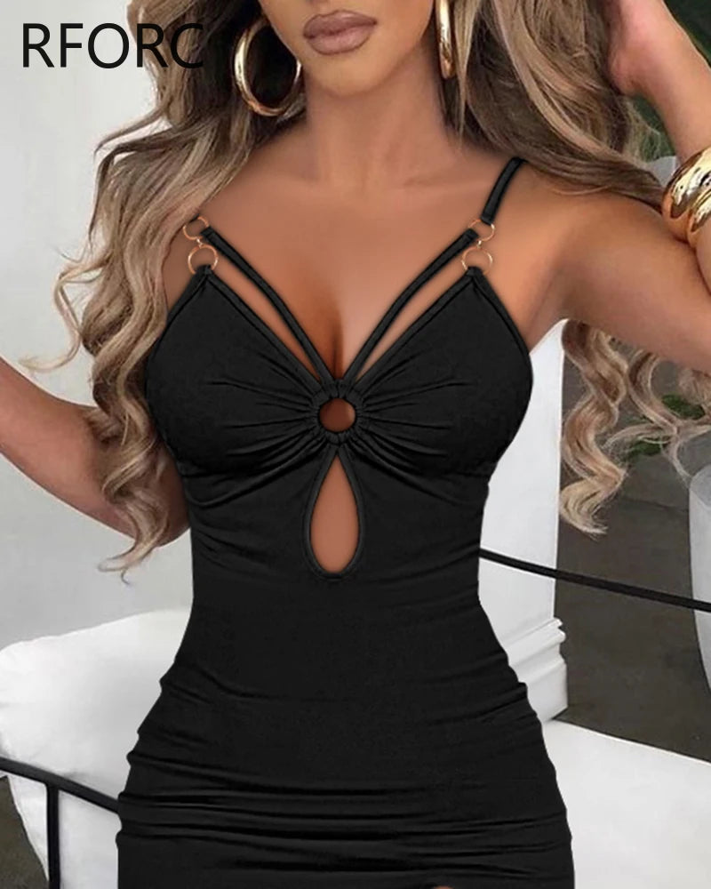 Women Solid O-ring Decoration Spaghetti Straps Maxi High Silt Dress