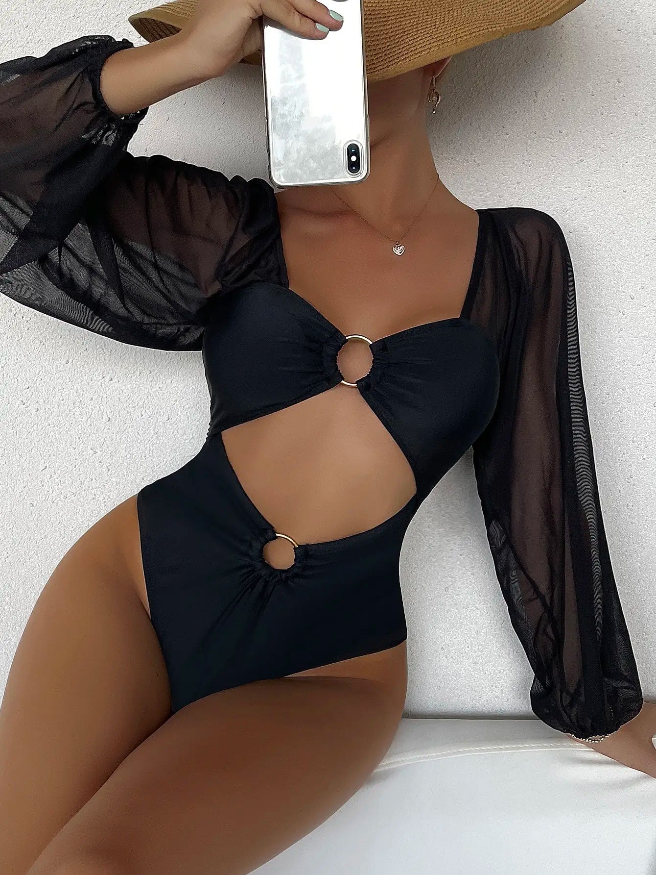 Black Swimsuit One Piece Solid Long Sleeve