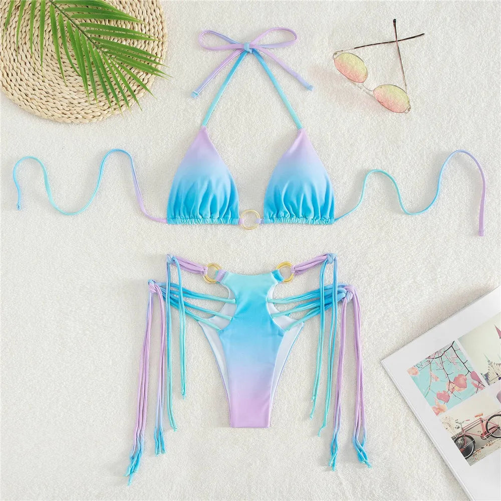 Gradient Tie Dye Print Micro Thong Bikinis Set