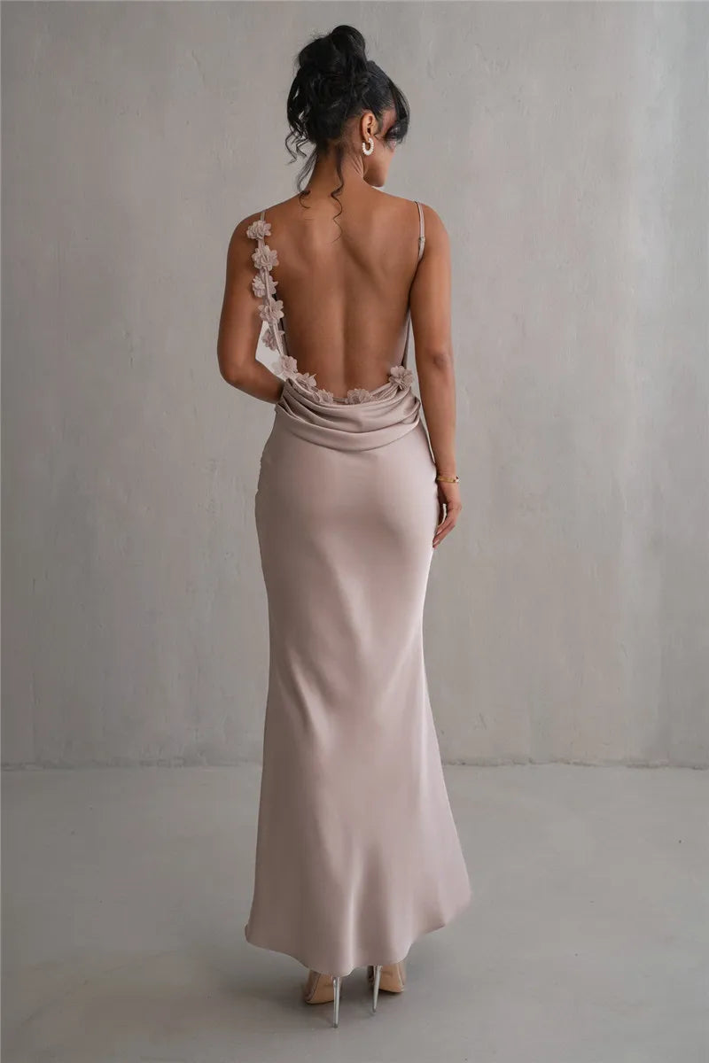 Floral Draped Backless Maxi Long Dress Spaghetti Strap Evening Dress