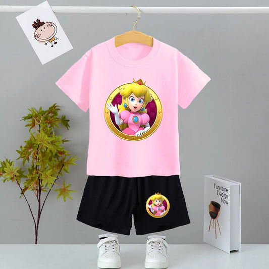 Super Marios Fashion Toddler Girl Peach Princess T Shirt + Short Pants