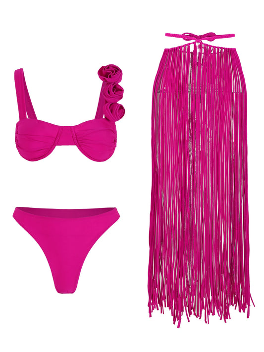 Style Flower & Tassels Bikini Set With Skirt Women Three Pieces Set