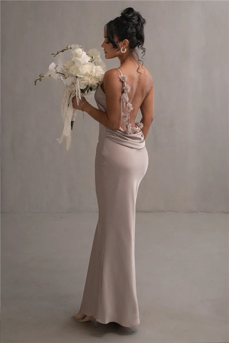 Floral Draped Backless Maxi Long Dress Spaghetti Strap Evening Dress