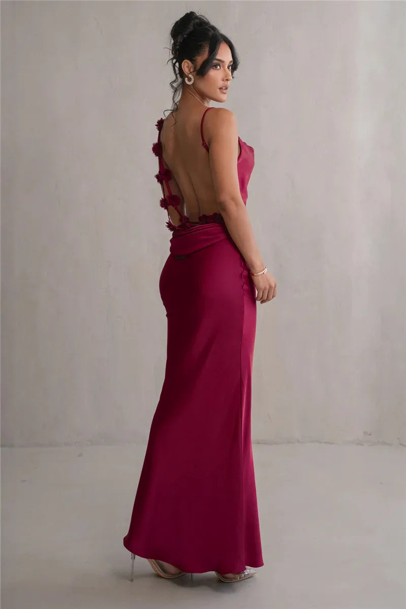 Floral Draped Backless Maxi Long Dress Spaghetti Strap Evening Dress