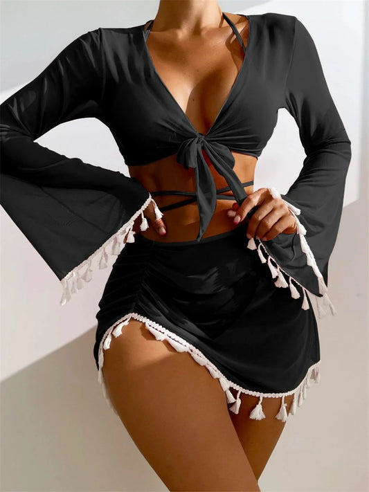 4 Pieces Halter Bikinis Women Solid Swimwear Cover up