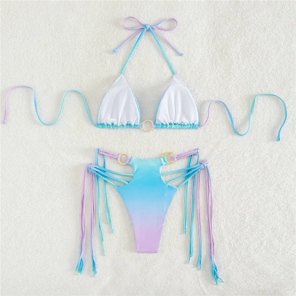 Gradient Tie Dye Print Micro Thong Bikinis Set