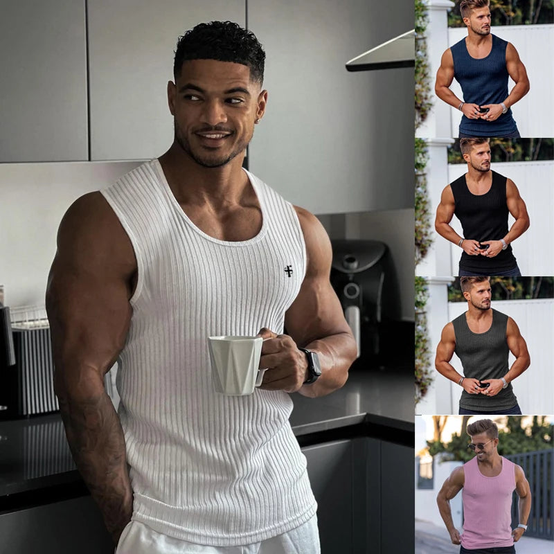 Men's Knitted Vertical Stripe Sports Fitness Sleeveless T-shirt