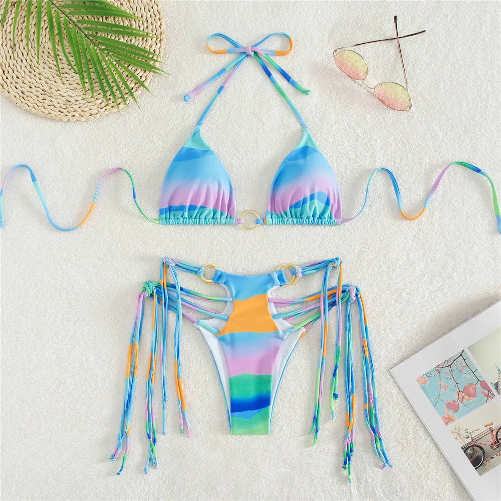 Gradient Tie Dye Print Micro Thong Bikinis Set