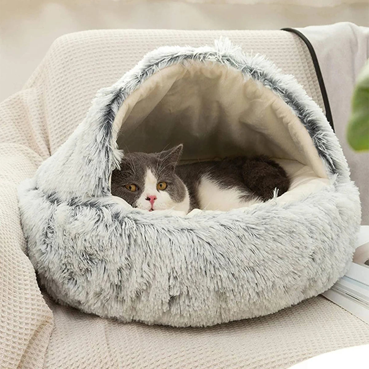 Animal Bed Round Plush Fluffy hooded