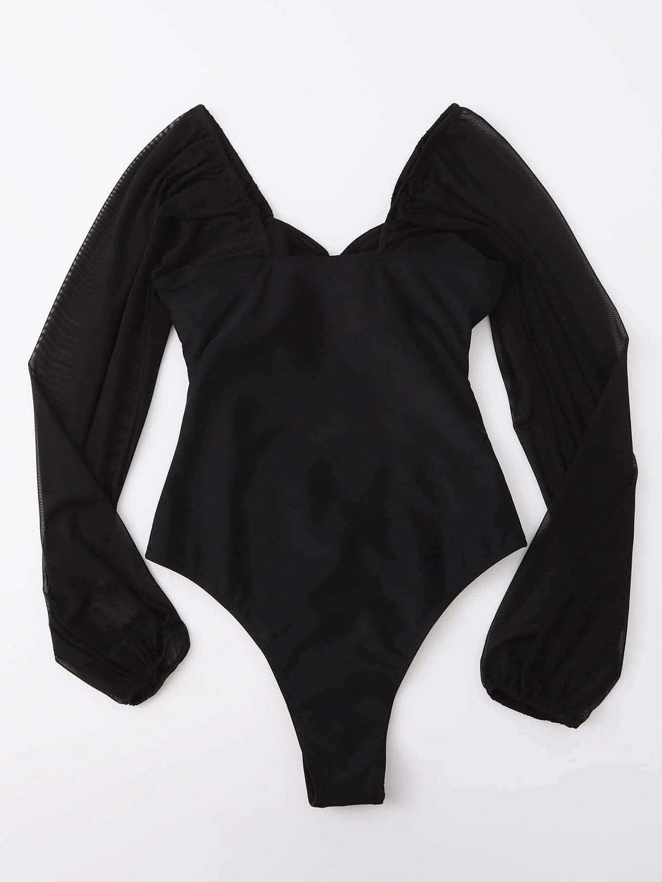 Black Swimsuit One Piece Solid Long Sleeve