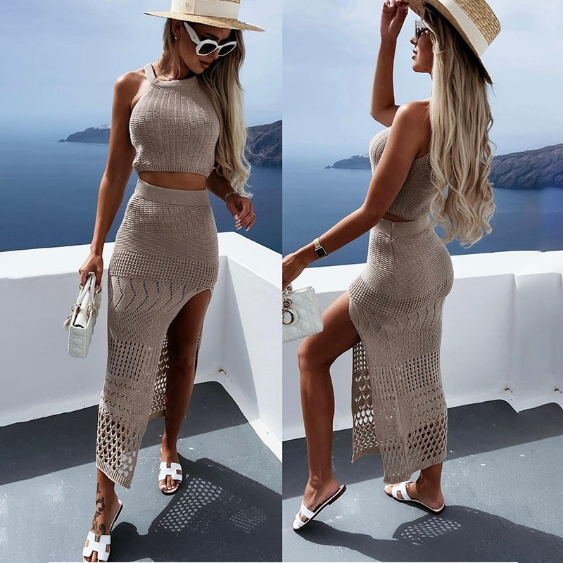 Summer Dress  Split Skirt Two Piece Solid Spandex Beach CoverUp